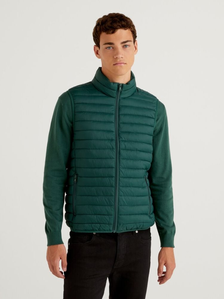 Benetton Mouwloos Slim Fit Gewatteerd Gilet Heren Donkergroen | BE766137