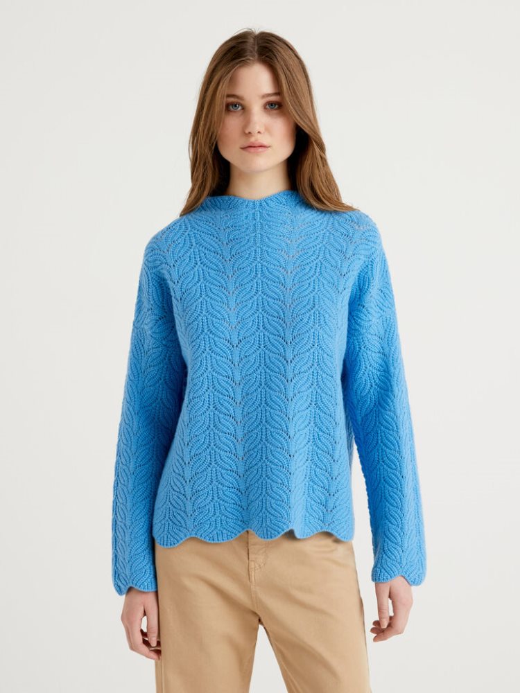 Benetton Open-knit Kanten Look High Neck Sweaters Dames Turquoise | BE137290