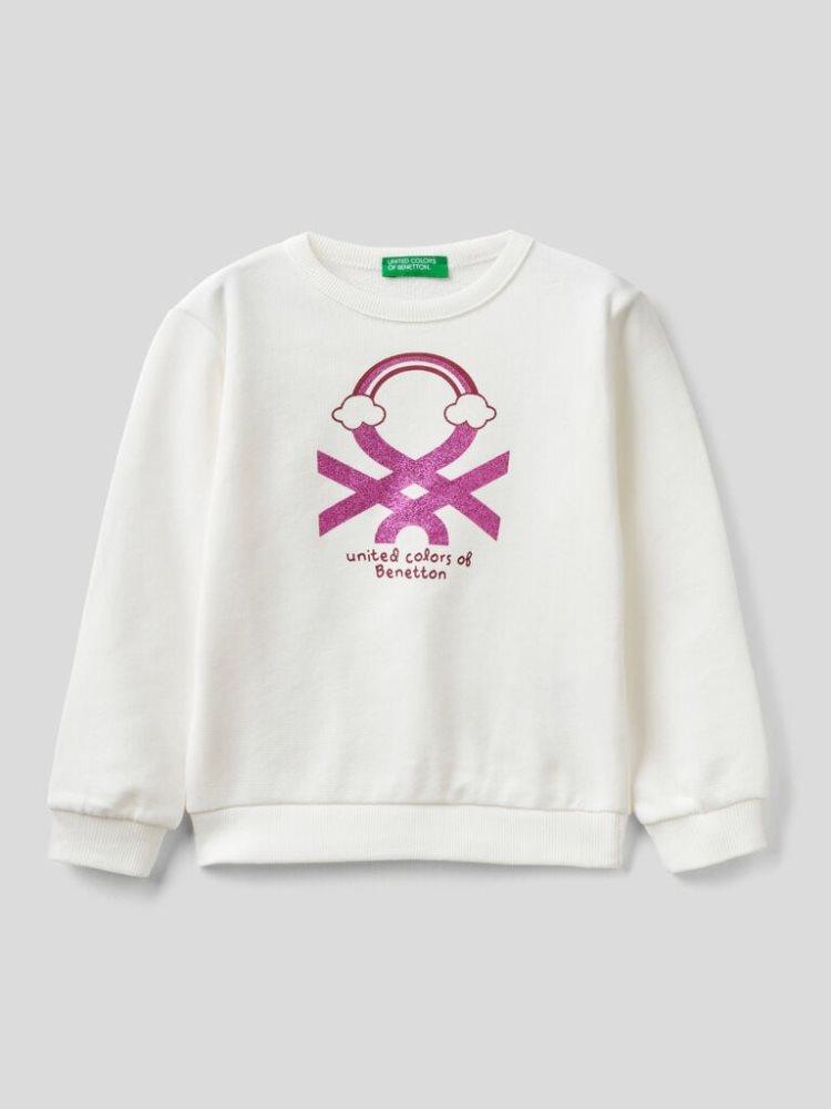 Benetton Organic Katoenen Glittery Print Sweatshirt Kinderen Wit | BE485074