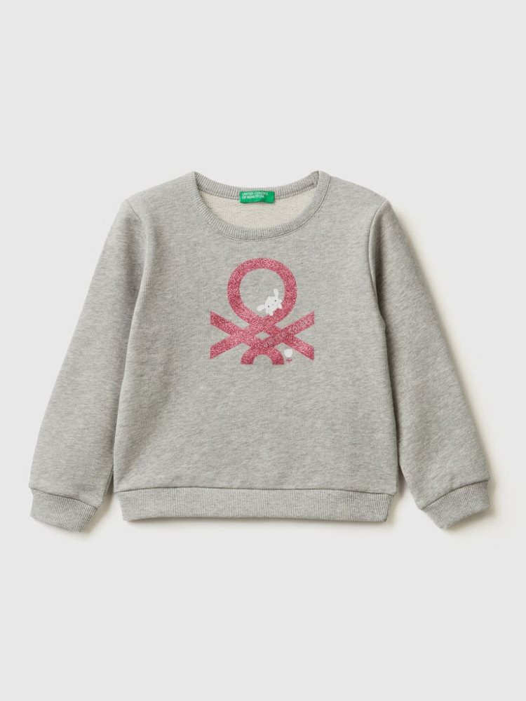 Benetton Organic Katoenen Glittery Print Sweatshirt Kinderen Lichtgrijs | BE945061