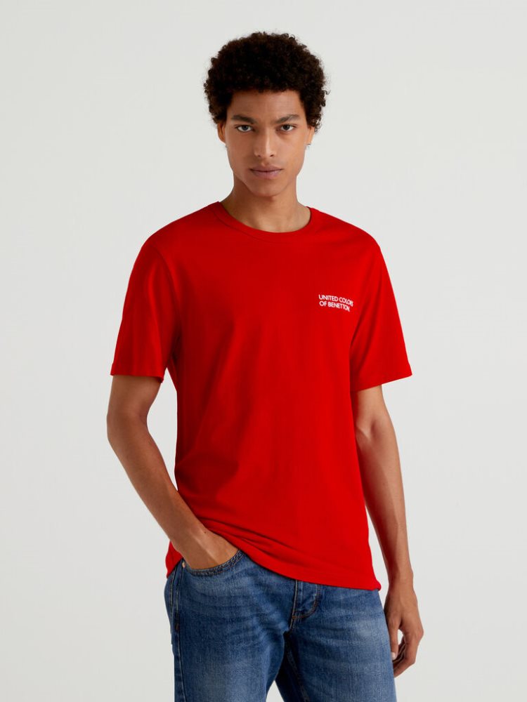 Benetton Organic Katoenen Logo Print Short Sleeve T-shirts Heren Rood | BE090446