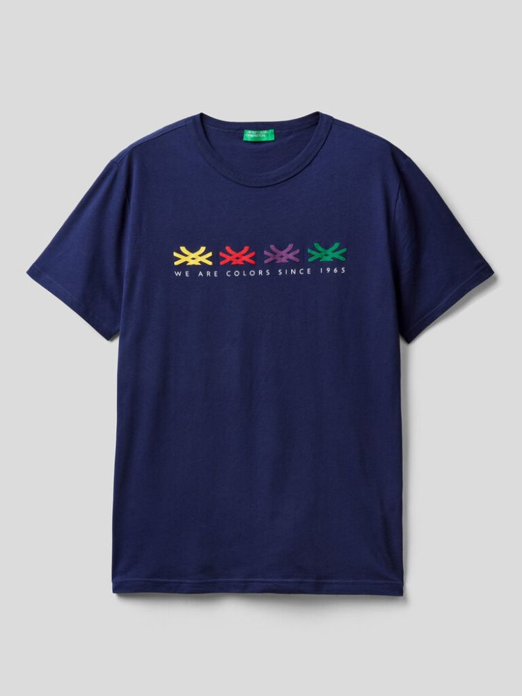 Benetton Organic Katoenen Logo Print Short Sleeve T-shirts Heren Donkerblauw | BE724156