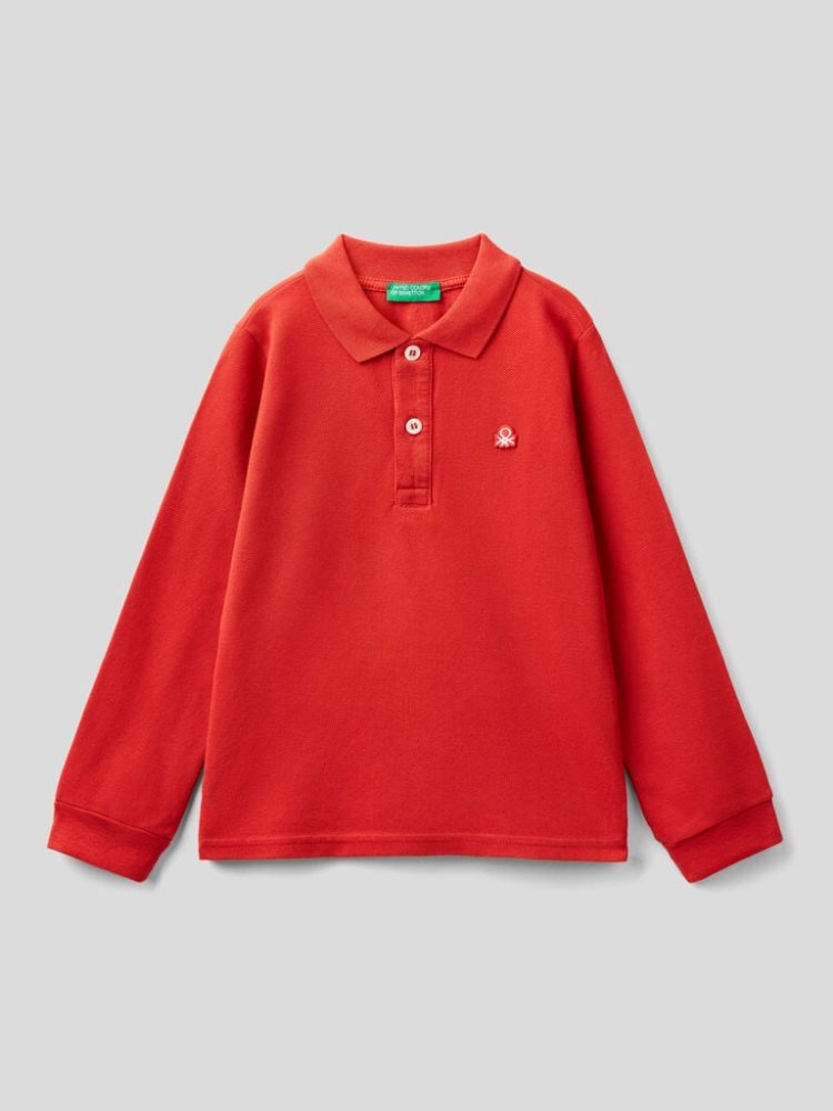 Benetton Organic Katoenen Long Sleeve Poloshirt Kinderen Rood | BE323342