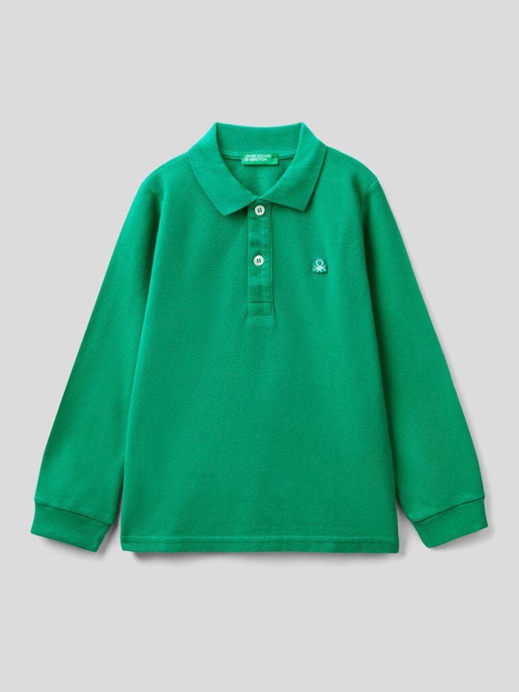 Benetton Organic Katoenen Long Sleeve Poloshirt Kinderen Groen | BE664018