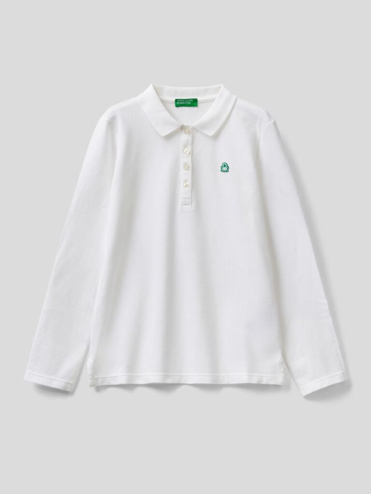 Benetton Organic Katoenen Long Sleeve Poloshirt Kinderen Wit | BE804398