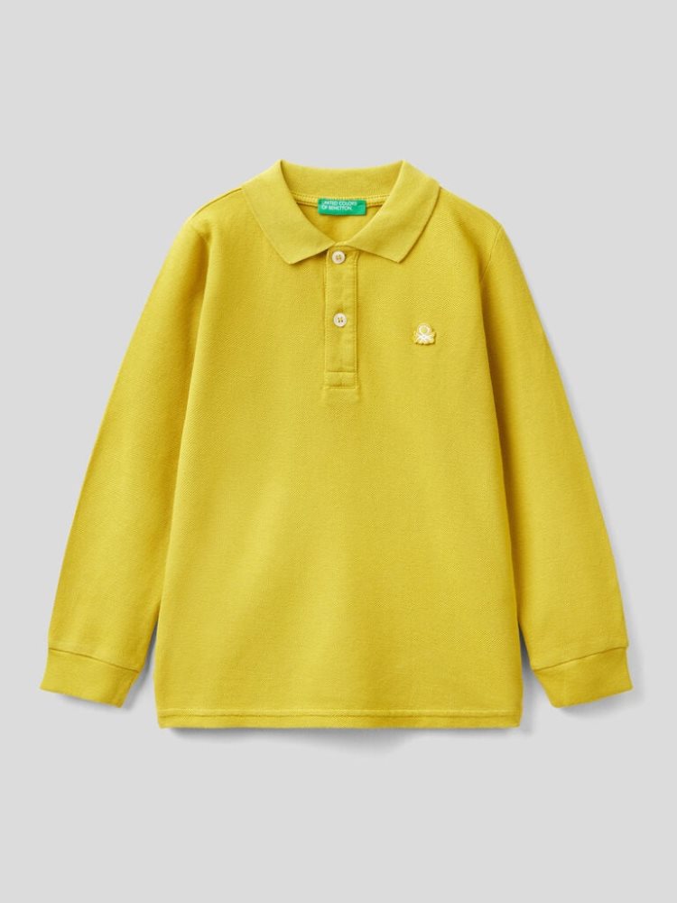 Benetton Organic Katoenen Long Sleeve Poloshirt Kinderen Mosterdgeel | BE963743