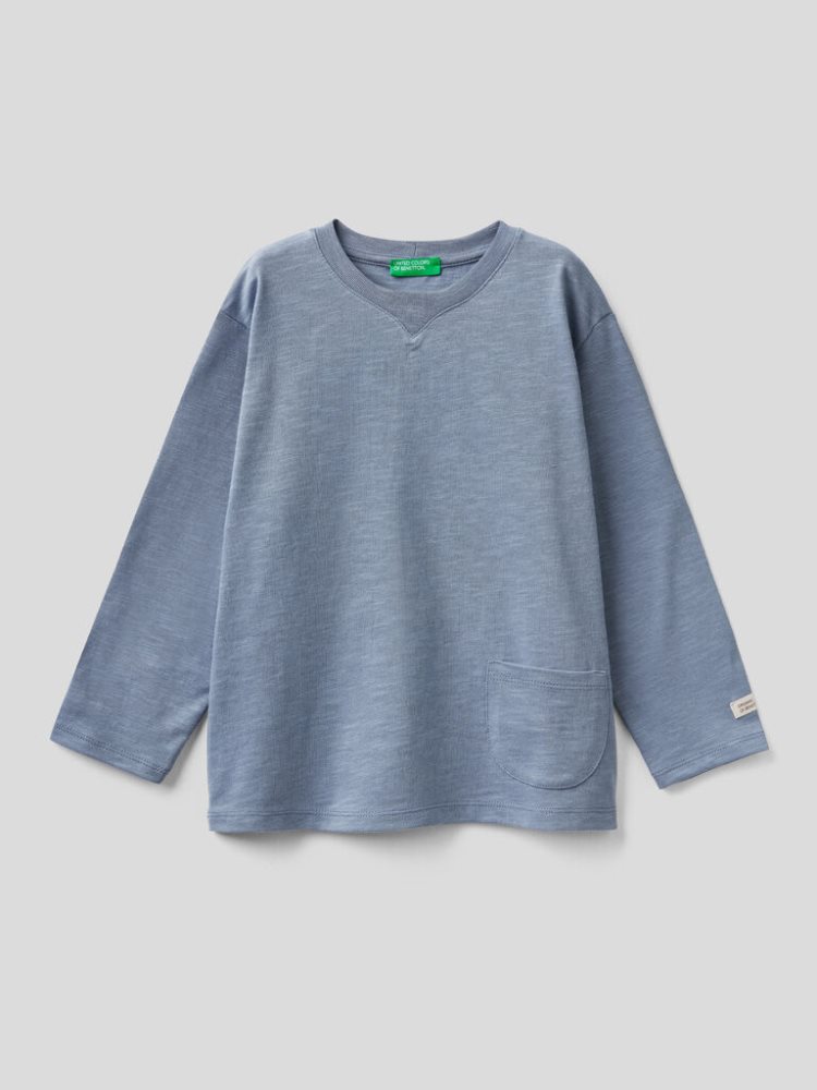 Benetton Organic Katoenen Pocket Long Sleeve T-shirts Kinderen Blauw | BE313217