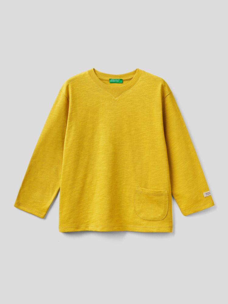 Benetton Organic Katoenen Pocket Long Sleeve T-shirts Kinderen Mosterdgeel | BE718279