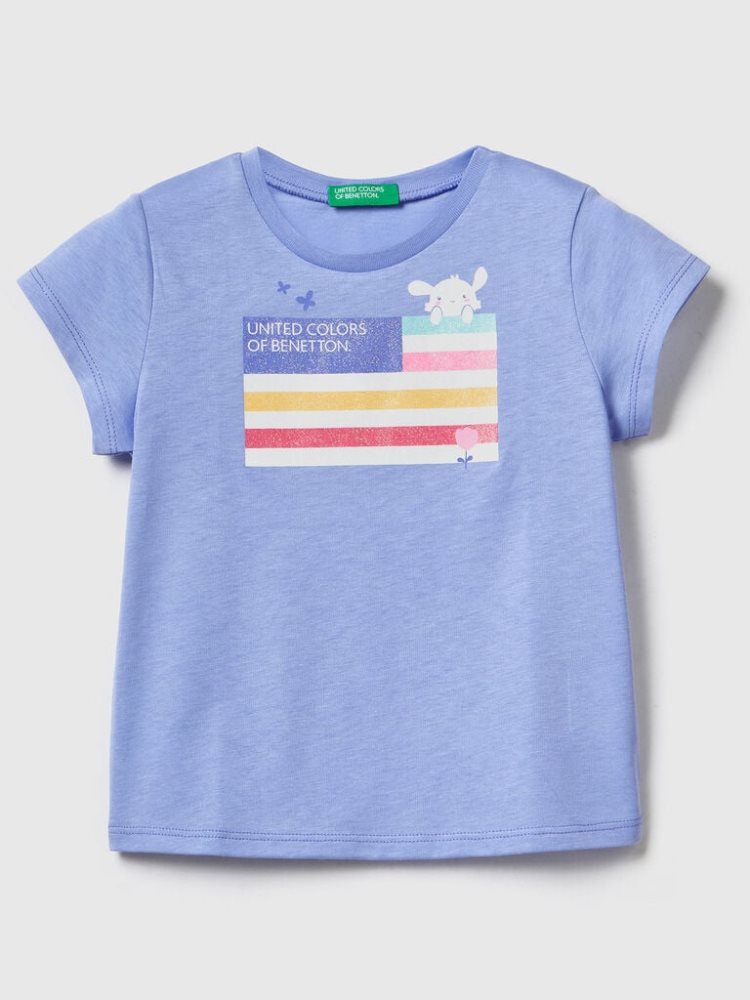 Benetton Organic Katoenen Print Short Sleeve T-shirts Kinderen Periwinkle | BE126149