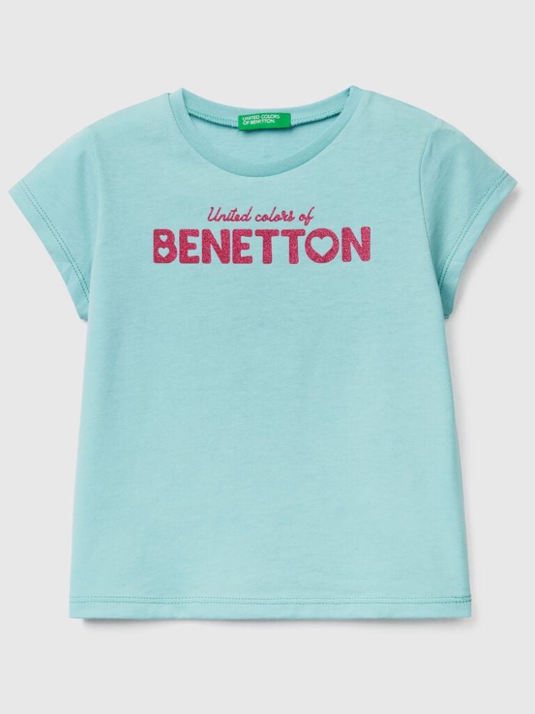 Benetton Organic Katoenen Print Short Sleeve T-shirts Kinderen Aqua | BE180012