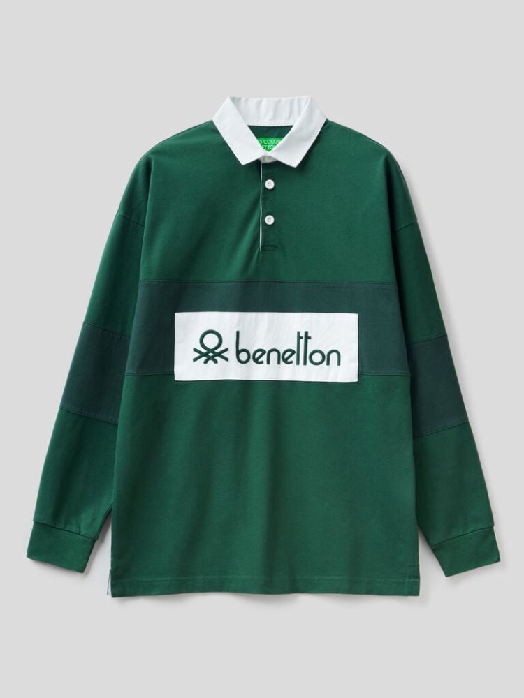 Benetton Organic Katoenen Rugby Long Sleeve Polos Heren Donkergroen | BE721348