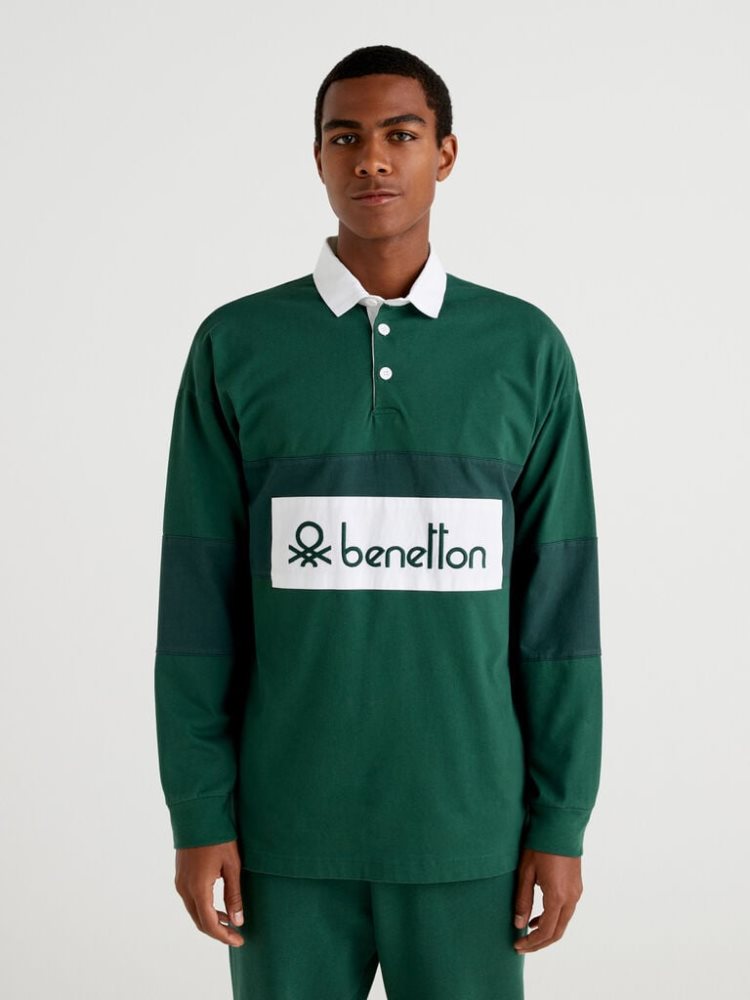 Benetton Organic Katoenen Rugby Long Sleeve Polos Heren Donkergroen | BE721348