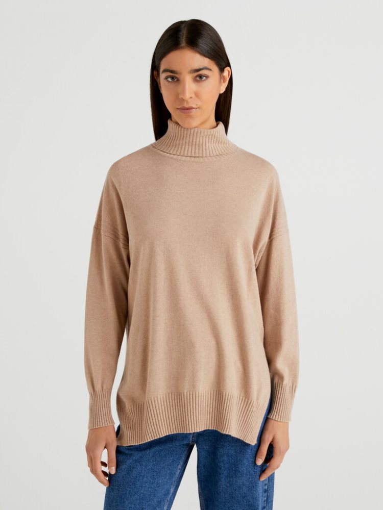 Benetton Oversized Fit Cashmere Blend Turtleneck Truien Dames Beige | BE020160