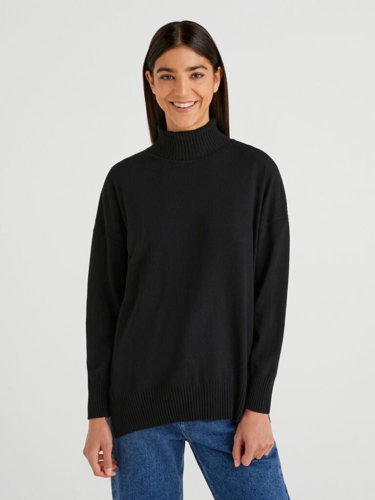 Benetton Oversized Fit Cashmere Blend Turtleneck Truien Dames Zwart | BE305317