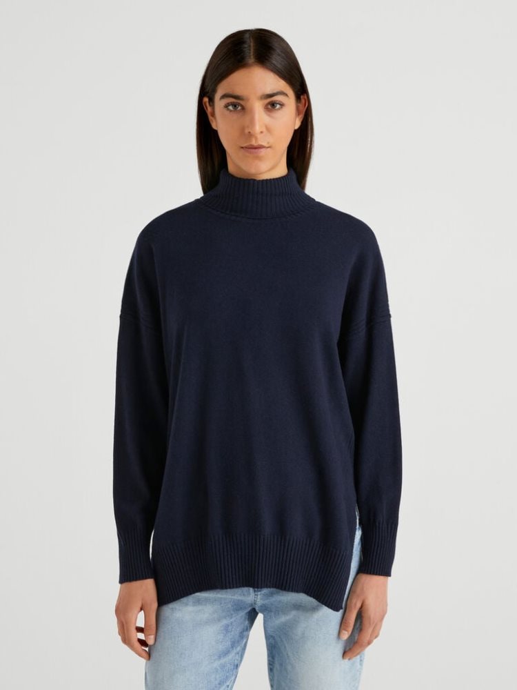 Benetton Oversized Fit Cashmere Blend Turtleneck Truien Dames Donkerblauw | BE528149