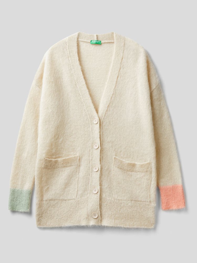 Benetton Oversized Fit Mohair Blend Cardigan Dames Beige | BE589947