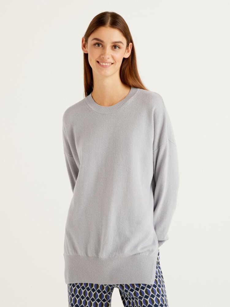 Benetton Oversized Slits Truien Dames Lichtgrijs | BE068335