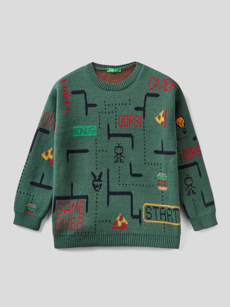 Benetton Patterned Crew Neck Truien Kinderen Donkergroen | BE119413