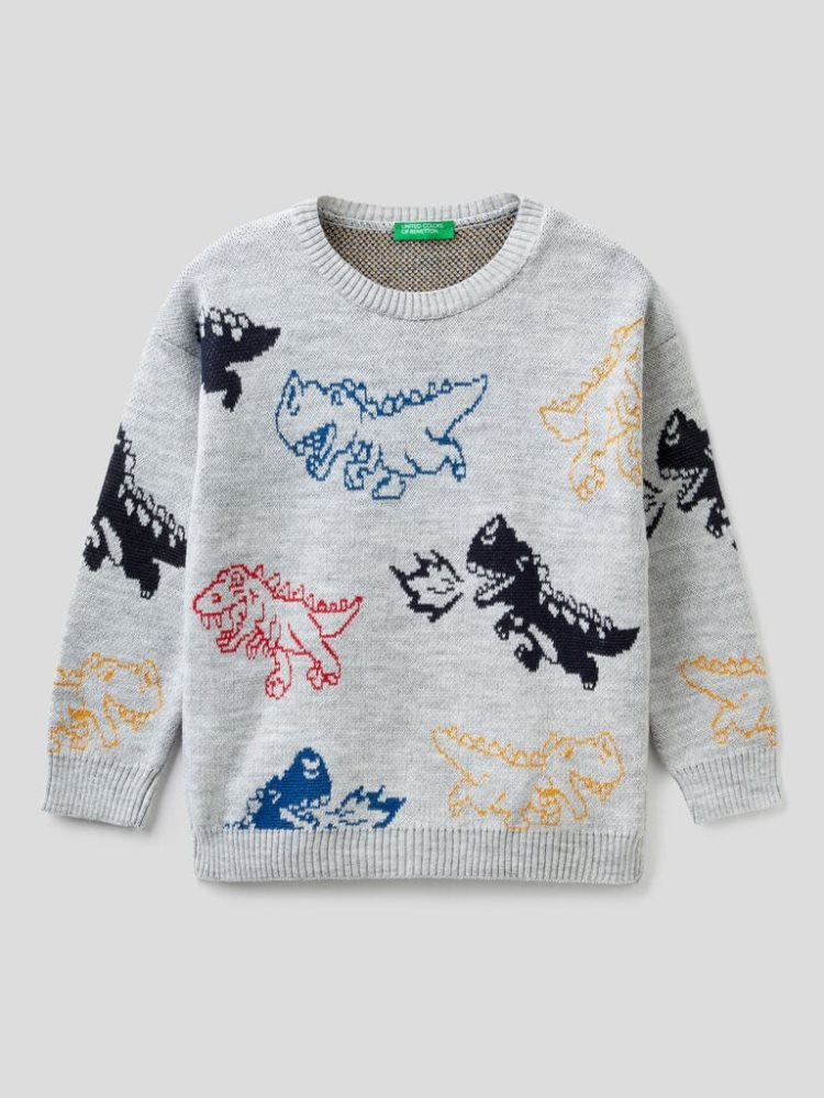 Benetton Patterned Crew Neck Truien Kinderen Grijs | BE391924