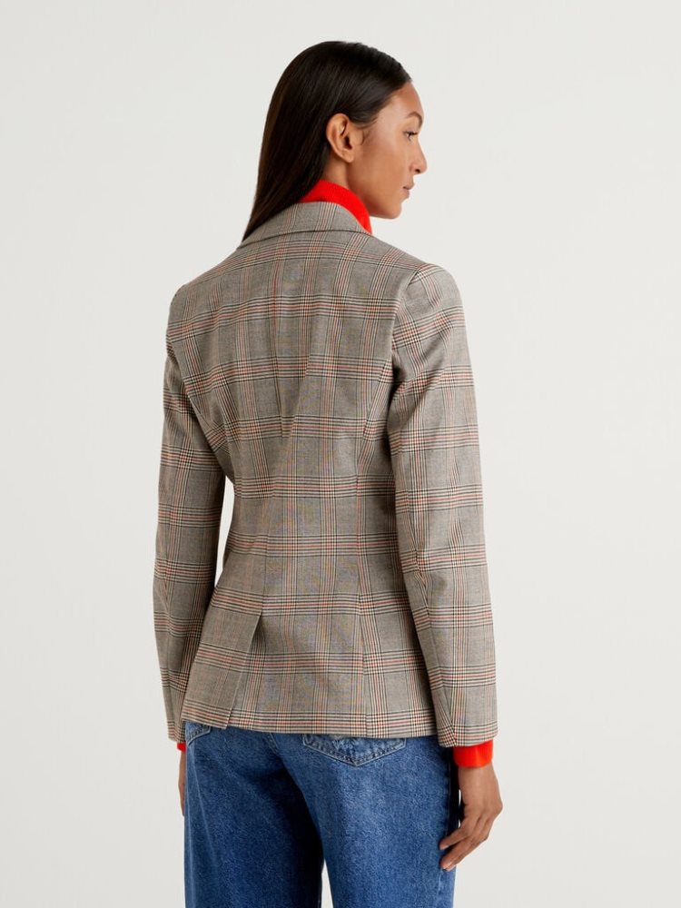 Benetton Patterned Flannel Blazer Dames Grijs | BE601704