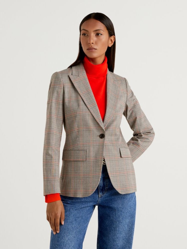 Benetton Patterned Flannel Blazer Dames Grijs | BE601704