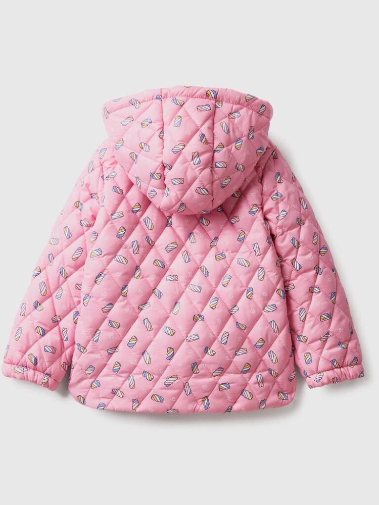 Benetton Patterned Hood Padded Jackets Kinderen Roze | BE565165