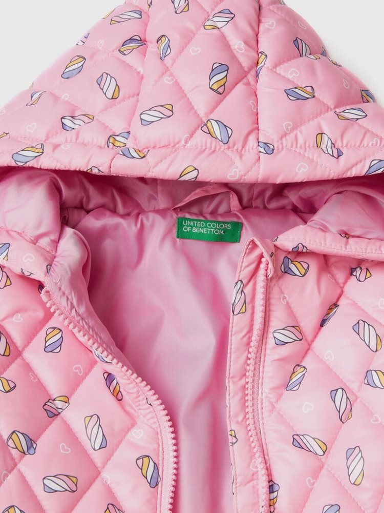 Benetton Patterned Hood Padded Jackets Kinderen Roze | BE565165