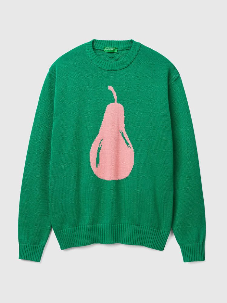 Benetton Pear Inlay Crew Neck Sweaters Heren Groen | BE626078