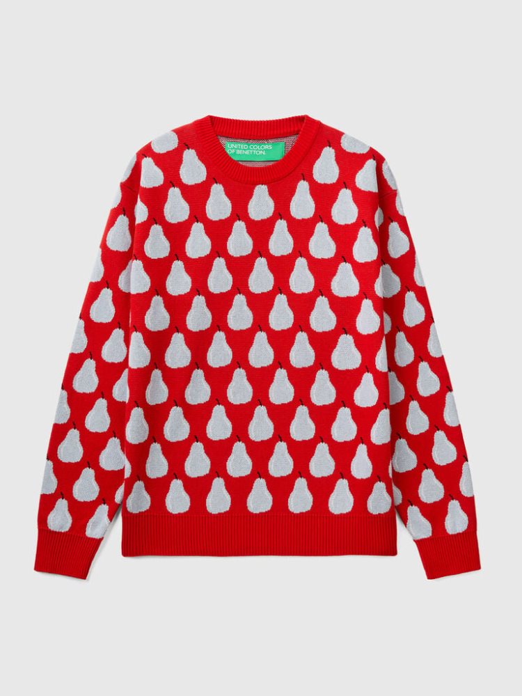 Benetton Pear Pattern Crew Neck Sweaters Heren Rood | BE090330