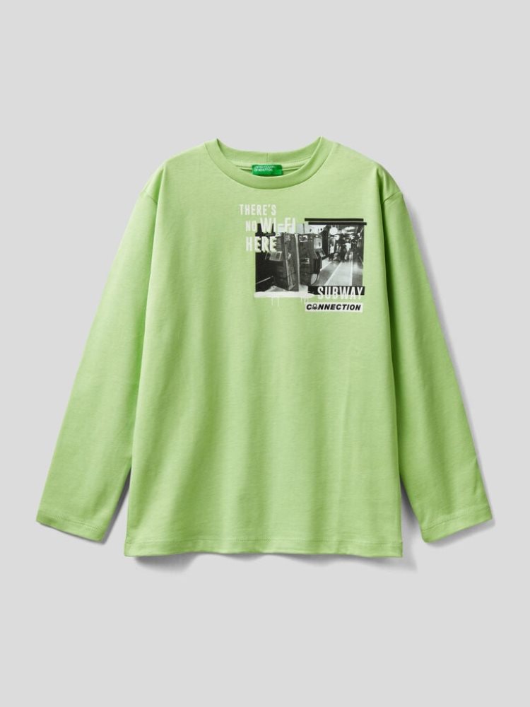 Benetton Photo Print Long Sleeve T-shirts Kinderen Lime | BE371644