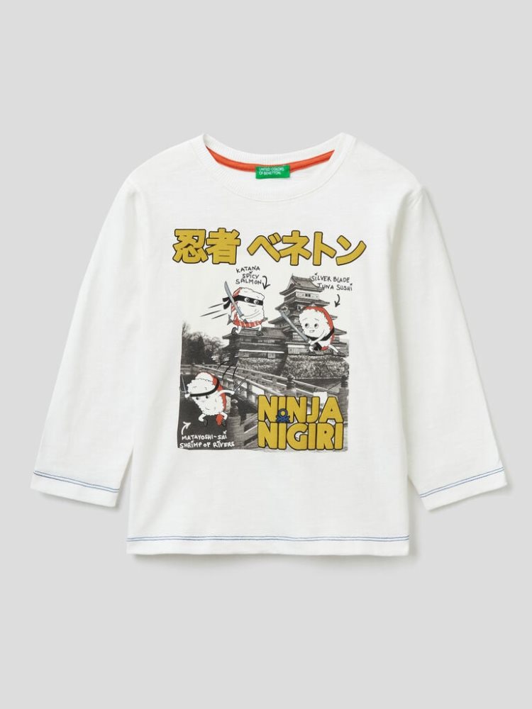 Benetton Photographic Print Long Sleeve T-shirts Kinderen Wit | BE598393