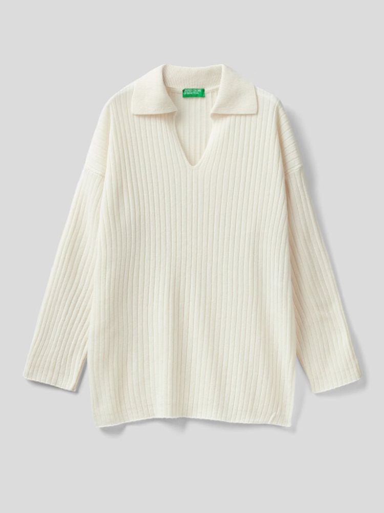 Benetton Polo-style Geribbeld V-neck Sweaters Dames Wit | BE843087