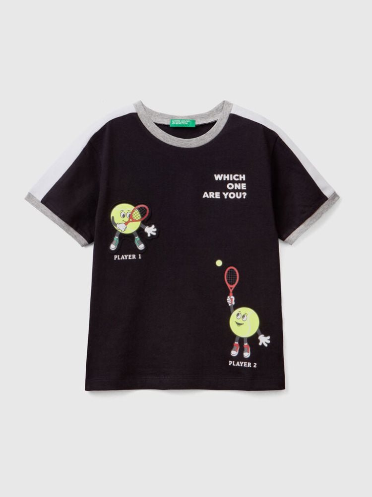 Benetton Print And Patch Short Sleeve T-shirts Kinderen Zwart | BE544307