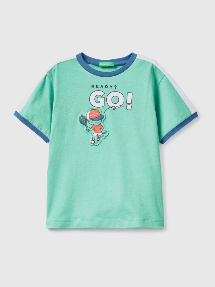 Benetton Print And Patch Short Sleeve T-shirts Kinderen Groen | BE799074