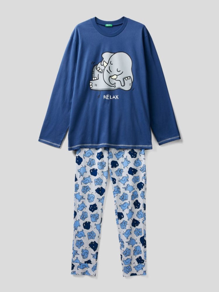 Benetton Print Warm Katoenen Pyjamas Heren Donkerblauw | BE841926