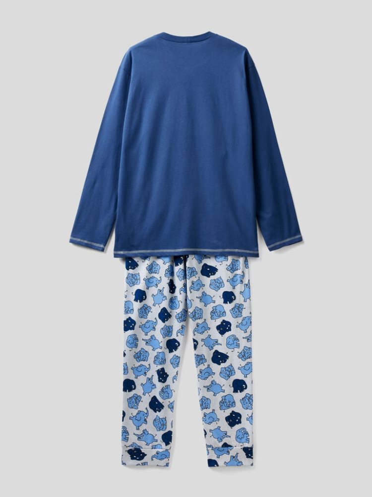 Benetton Print Warm Katoenen Pyjamas Heren Donkerblauw | BE841926