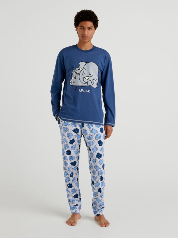 Benetton Print Warm Katoenen Pyjamas Heren Donkerblauw | BE841926