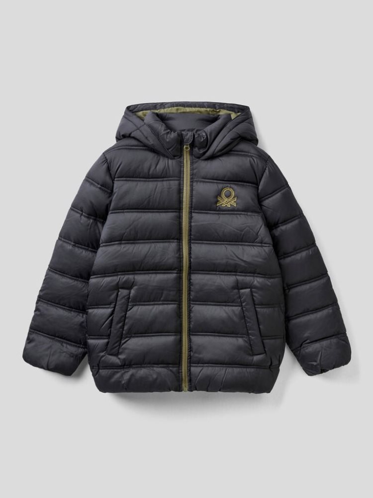 Benetton Puffer Hood And Logo Padded Jackets Kinderen Zwart | BE369974