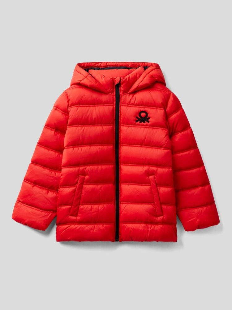 Benetton Puffer Hood And Logo Padded Jackets Kinderen Rood | BE640768