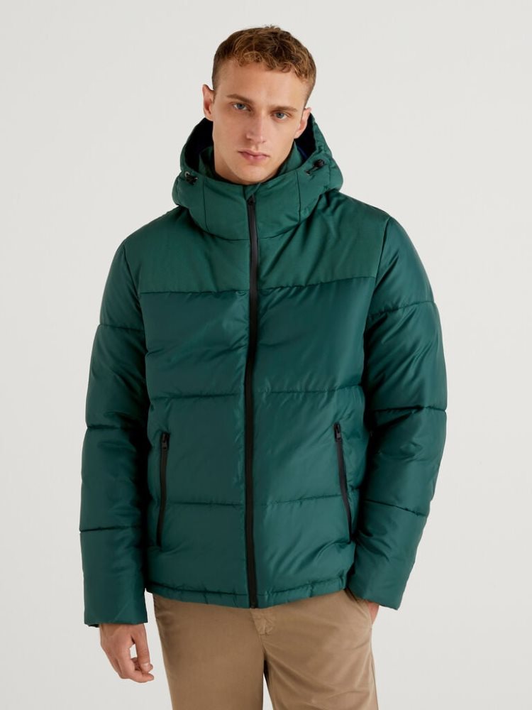 Benetton Puffer Hood Padded Jackets Heren Donkergroen | BE142104