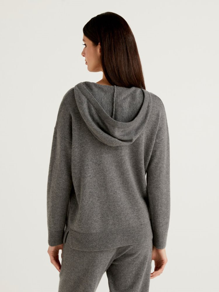 Benetton Pure Cashmere Hood V-neck Sweaters Dames Donkergrijs | BE431893