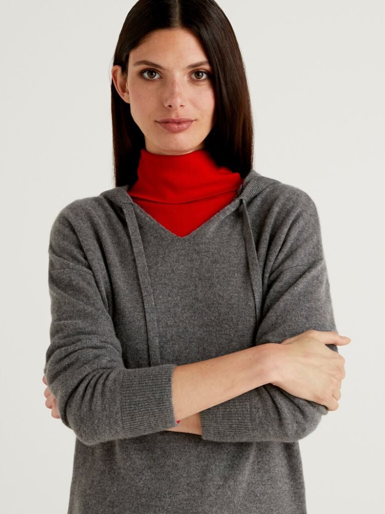 Benetton Pure Cashmere Hood V-neck Sweaters Dames Donkergrijs | BE431893