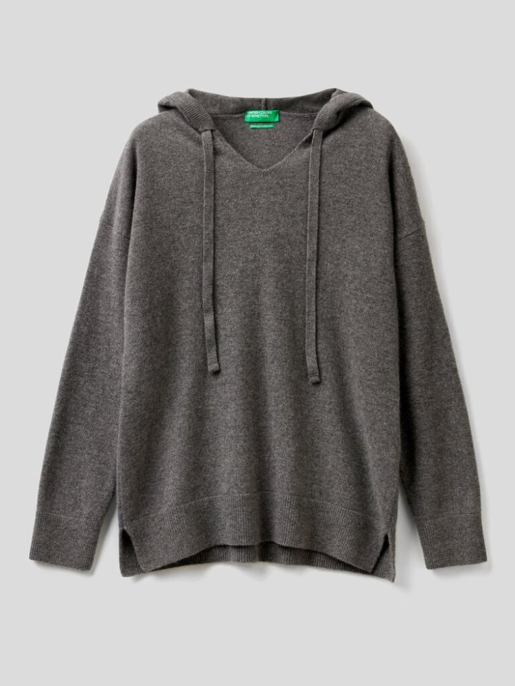 Benetton Pure Cashmere Hood V-neck Sweaters Dames Donkergrijs | BE431893