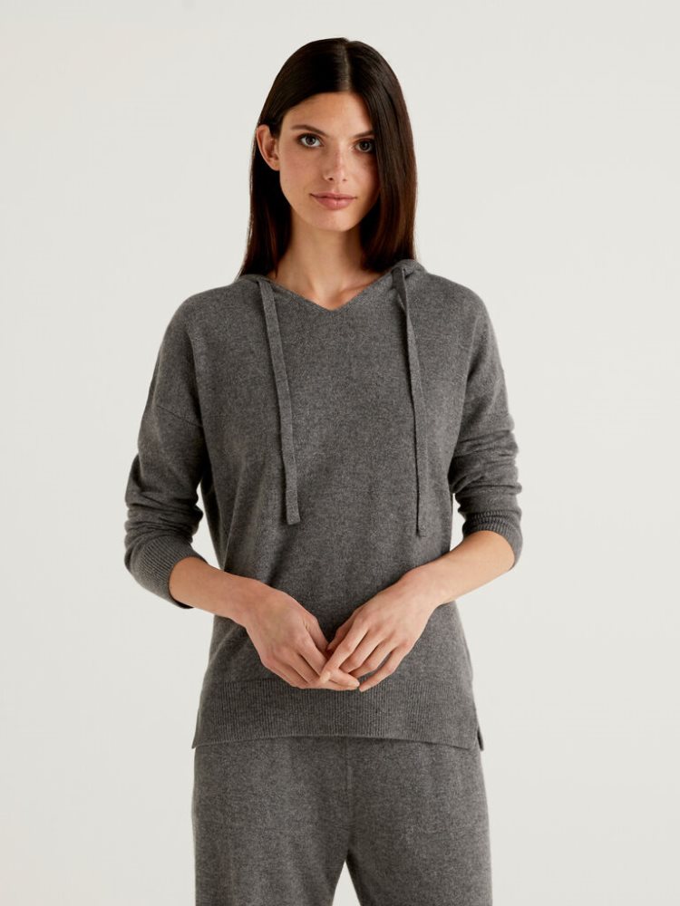 Benetton Pure Cashmere Hood V-neck Sweaters Dames Donkergrijs | BE431893