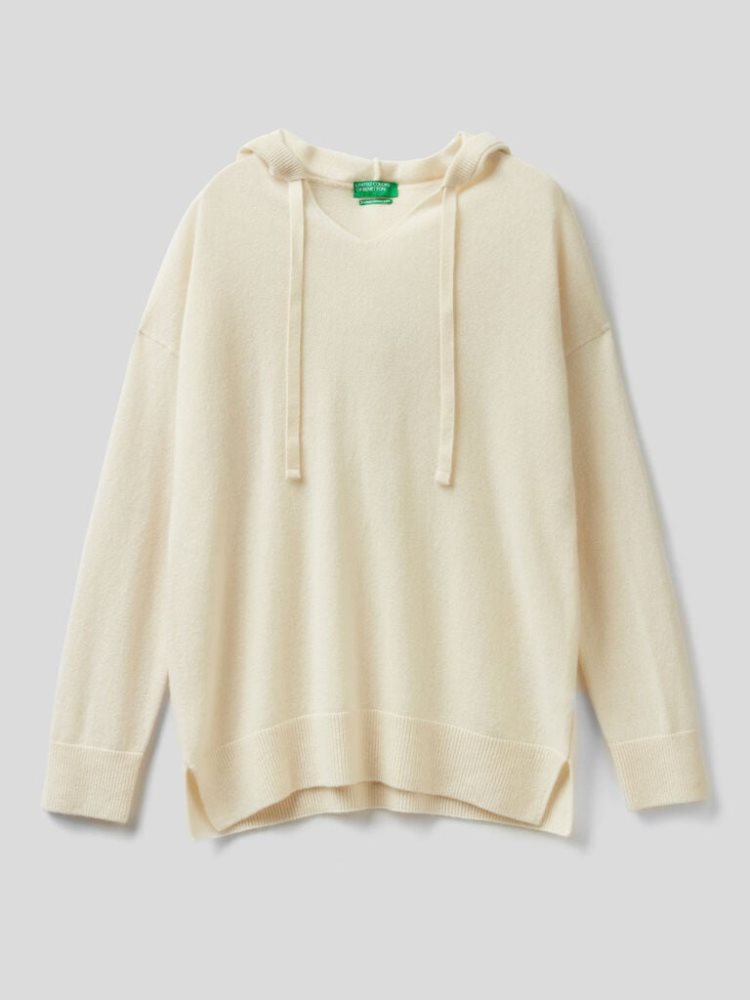 Benetton Pure Cashmere Hood V-neck Sweaters Dames Wit | BE520181