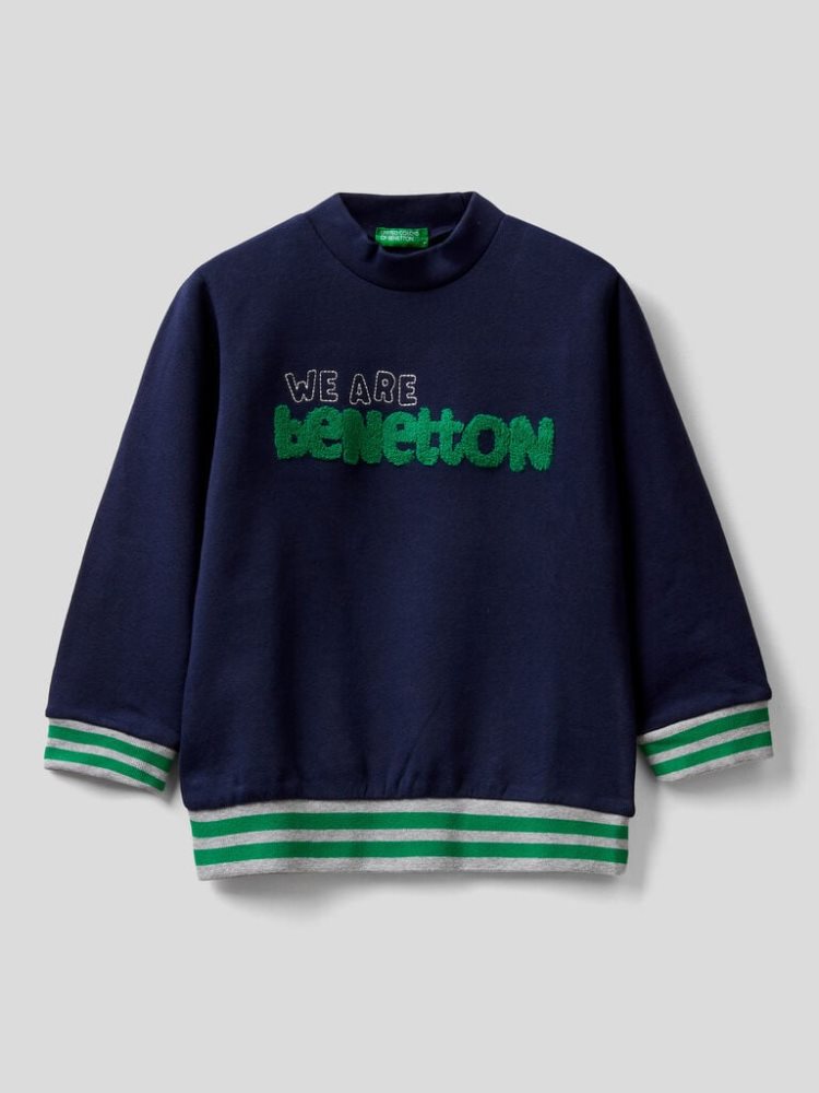 Benetton Pure Katoenen Embroidered Logo Sweatshirt Kinderen Donkerblauw | BE502229