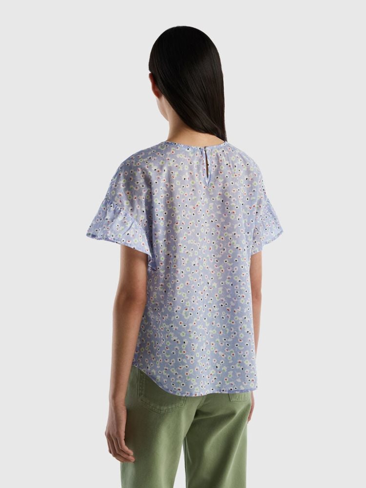 Benetton Pure Katoenen Patterned Blouse Dames Lichtblauw | BE801418