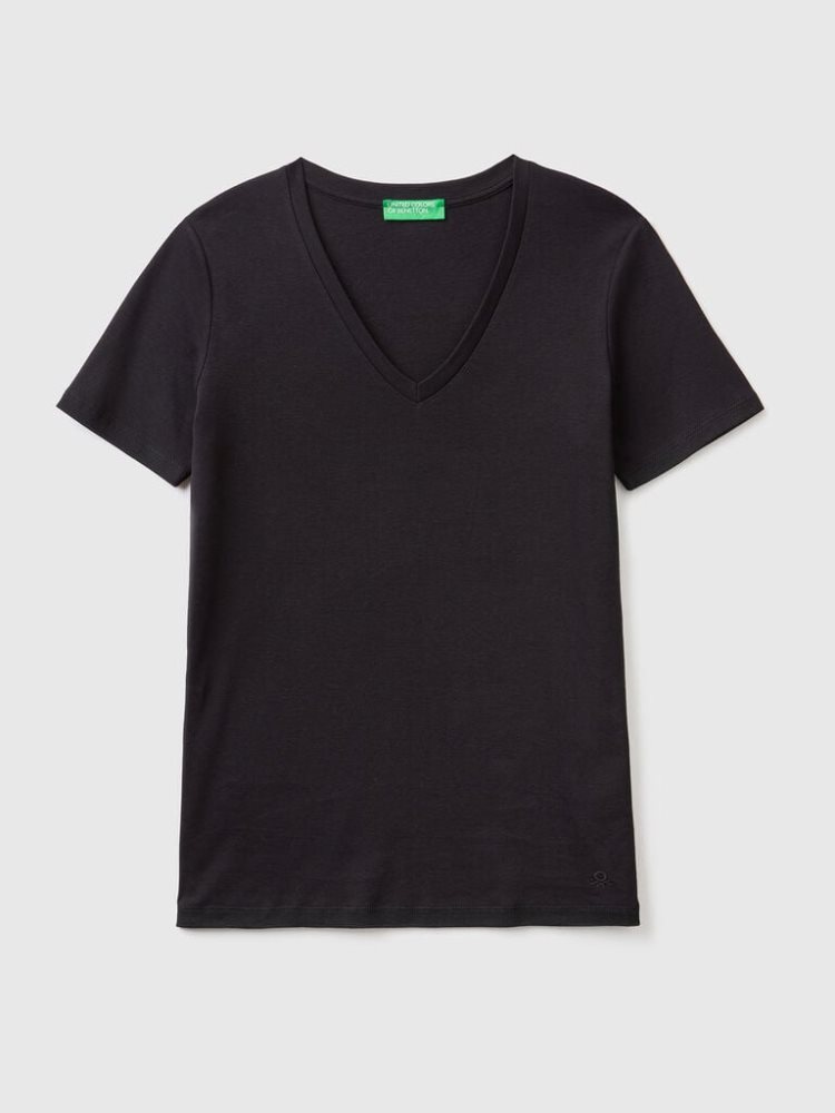 Benetton Pure Katoenen V-neck Short Sleeve T-shirts Dames Zwart | BE289912