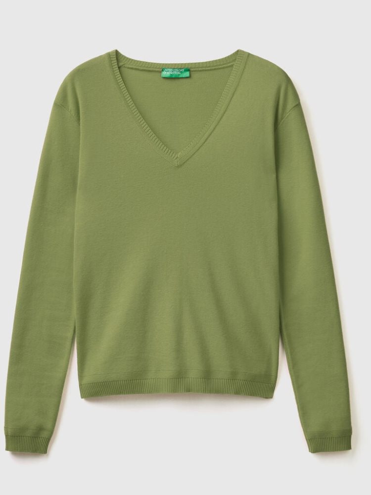 Benetton Pure Katoenen V-neck Truien Dames Groen | BE122007