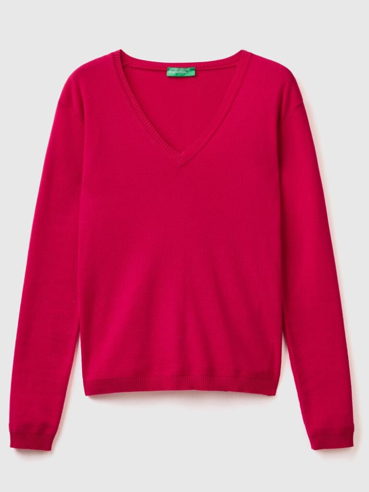 Benetton Pure Katoenen V-neck Truien Dames Fuchsie | BE130244